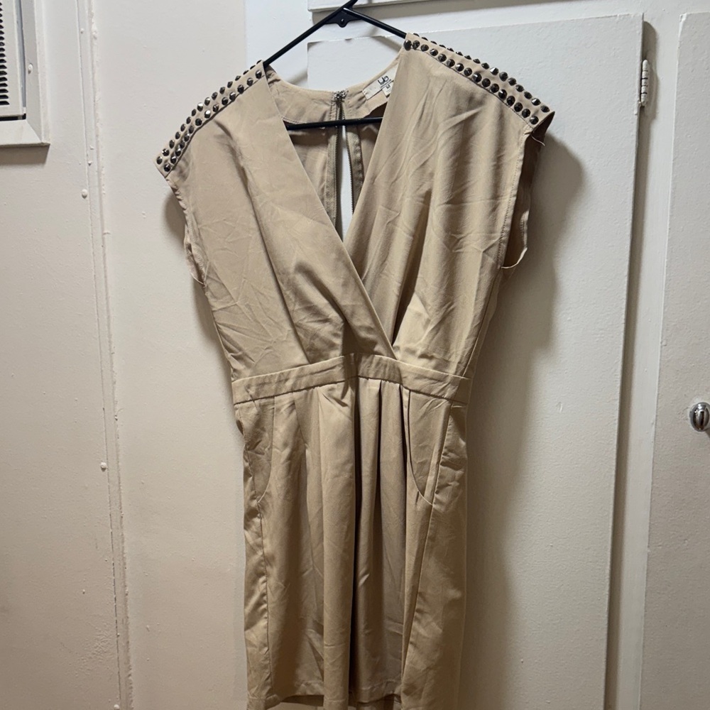 Ya Los Angeles Tan Mini Dress with Studded Shoulders